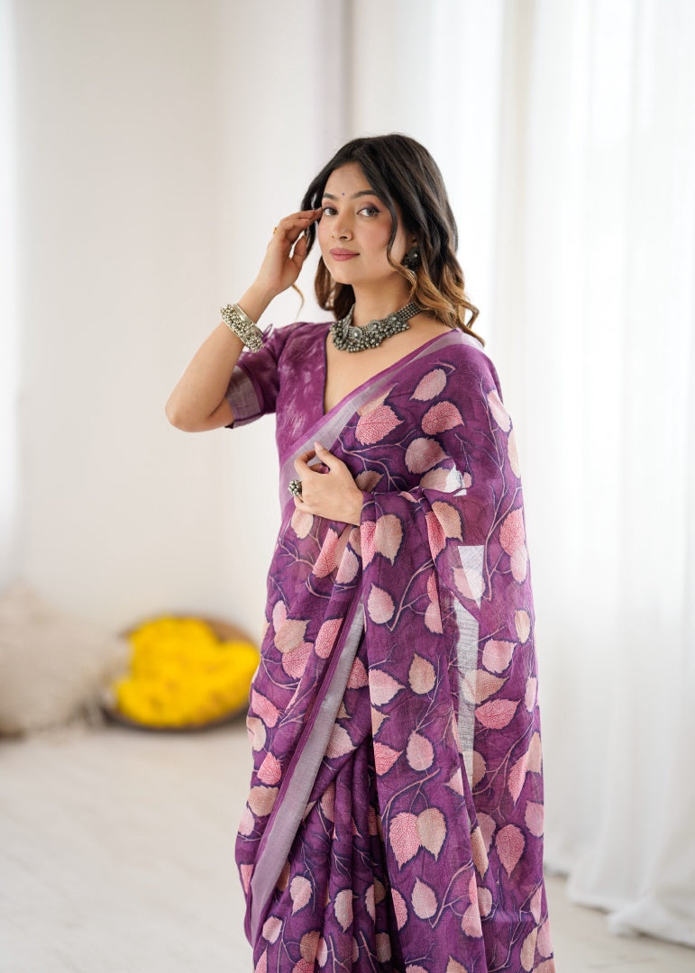 Graceful Purple Lilan Patta Printed Saree with Matching Blouse