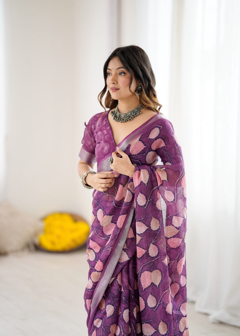 Graceful Purple Lilan Patta Printed Saree with Matching Blouse
