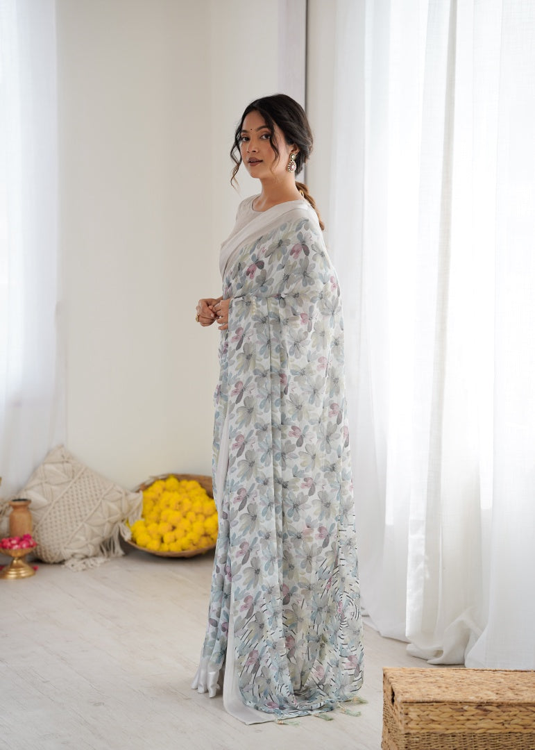 Elegant Grey Bright Moss Satin Patta Printed Saree with Matching Blouse