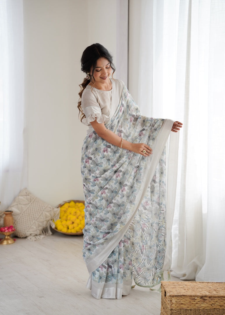 Elegant Grey Bright Moss Satin Patta Printed Saree with Matching Blouse