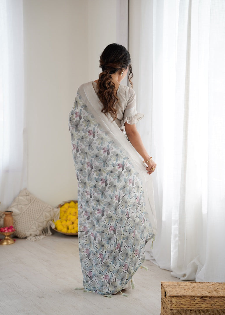 Elegant Grey Bright Moss Satin Patta Printed Saree with Matching Blouse