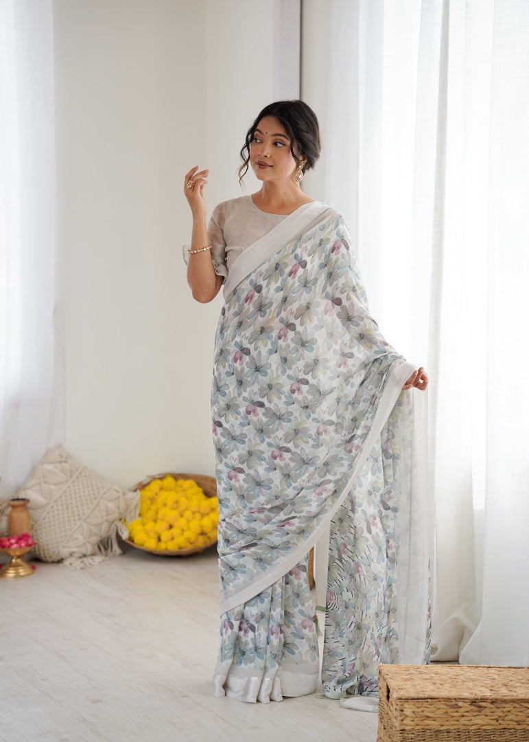 Elegant Grey Bright Moss Satin Patta Printed Saree with Matching Blouse