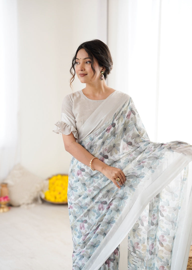 Elegant Grey Bright Moss Satin Patta Printed Saree with Matching Blouse