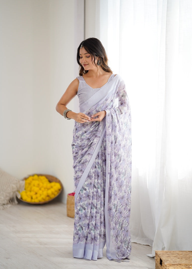 Soft Light Purple Bright Moss Satin Patta Printed Saree with Matching Blouse