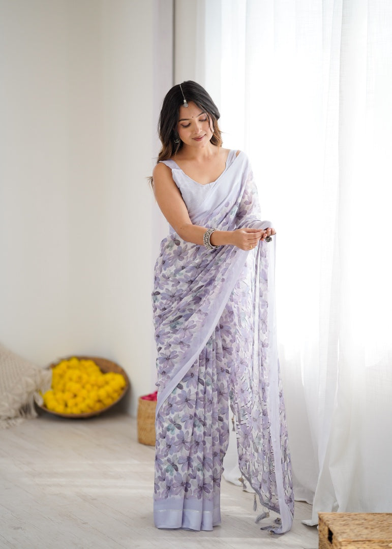 Soft Light Purple Bright Moss Satin Patta Printed Saree with Matching Blouse