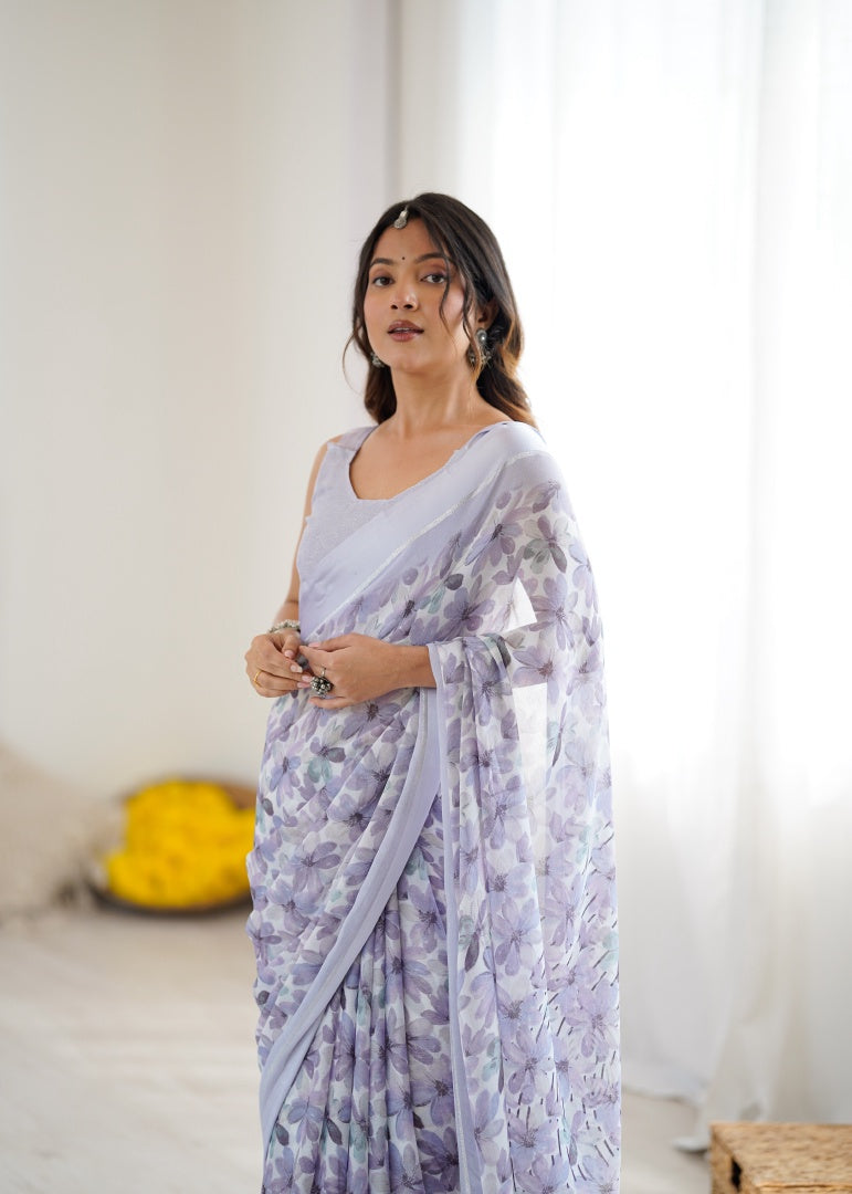 Soft Light Purple Bright Moss Satin Patta Printed Saree with Matching Blouse