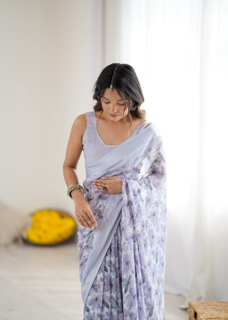 Soft Light Purple Bright Moss Satin Patta Printed Saree with Matching Blouse
