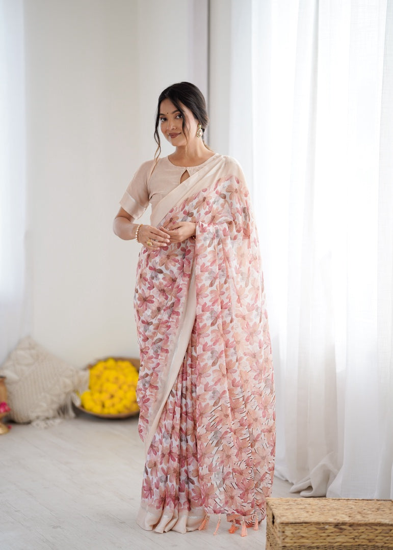 Graceful Peach Bright Moss Satin Patta Printed Saree with Matching Blouse