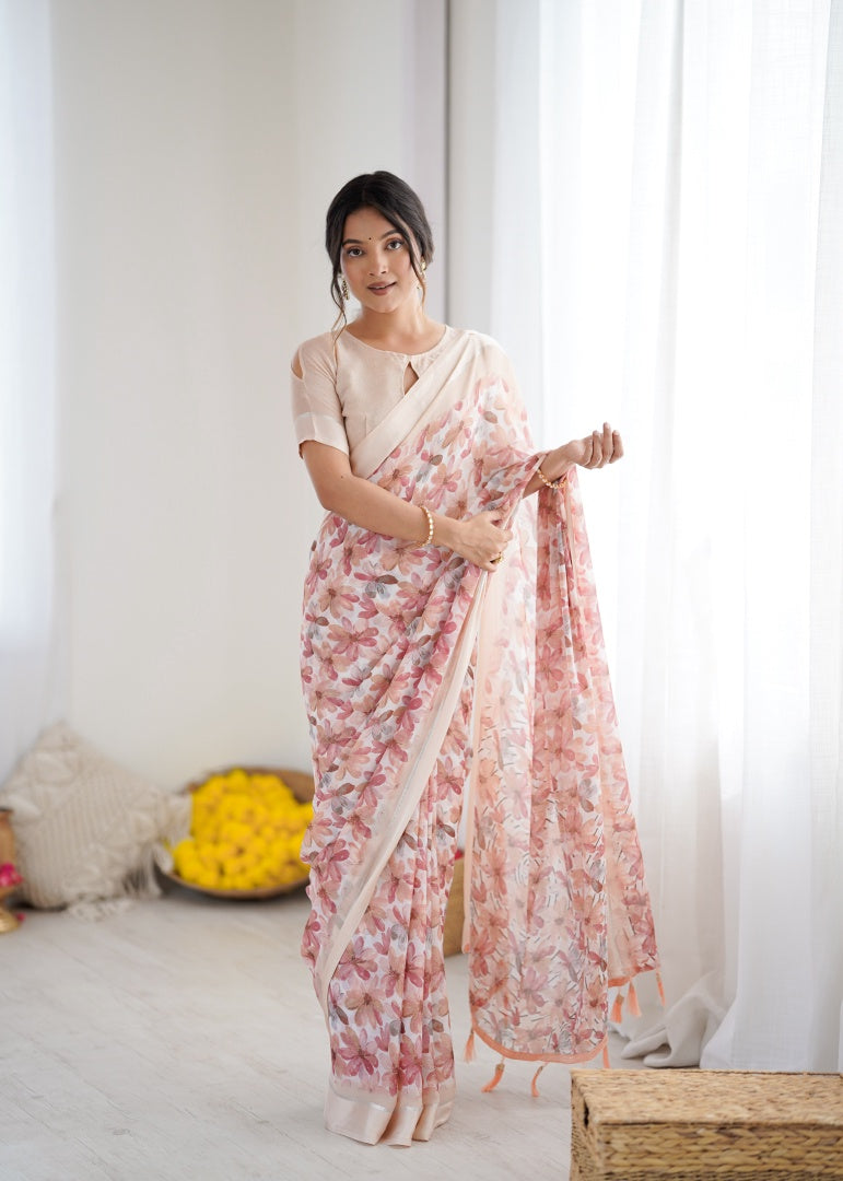 Graceful Peach Bright Moss Satin Patta Printed Saree with Matching Blouse