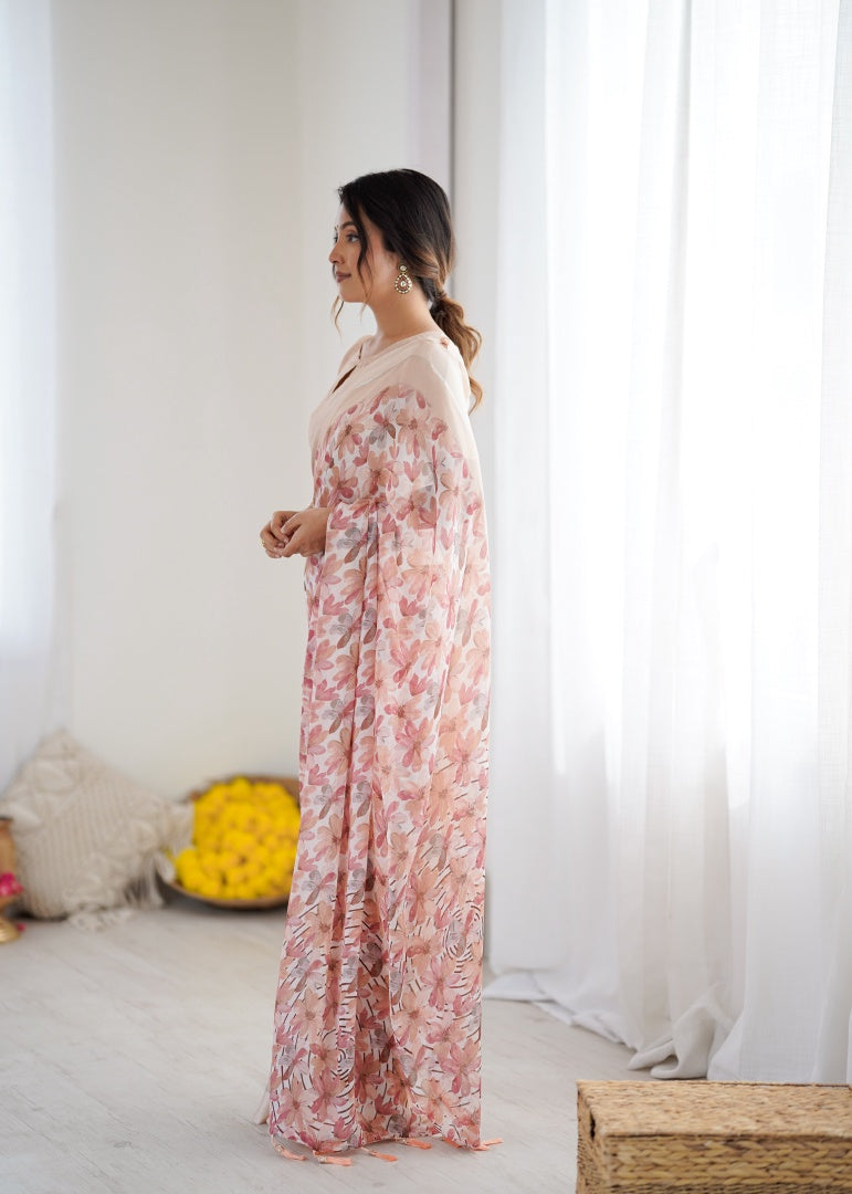 Graceful Peach Bright Moss Satin Patta Printed Saree with Matching Blouse