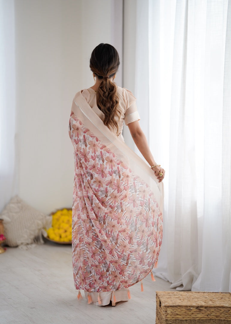 Graceful Peach Bright Moss Satin Patta Printed Saree with Matching Blouse