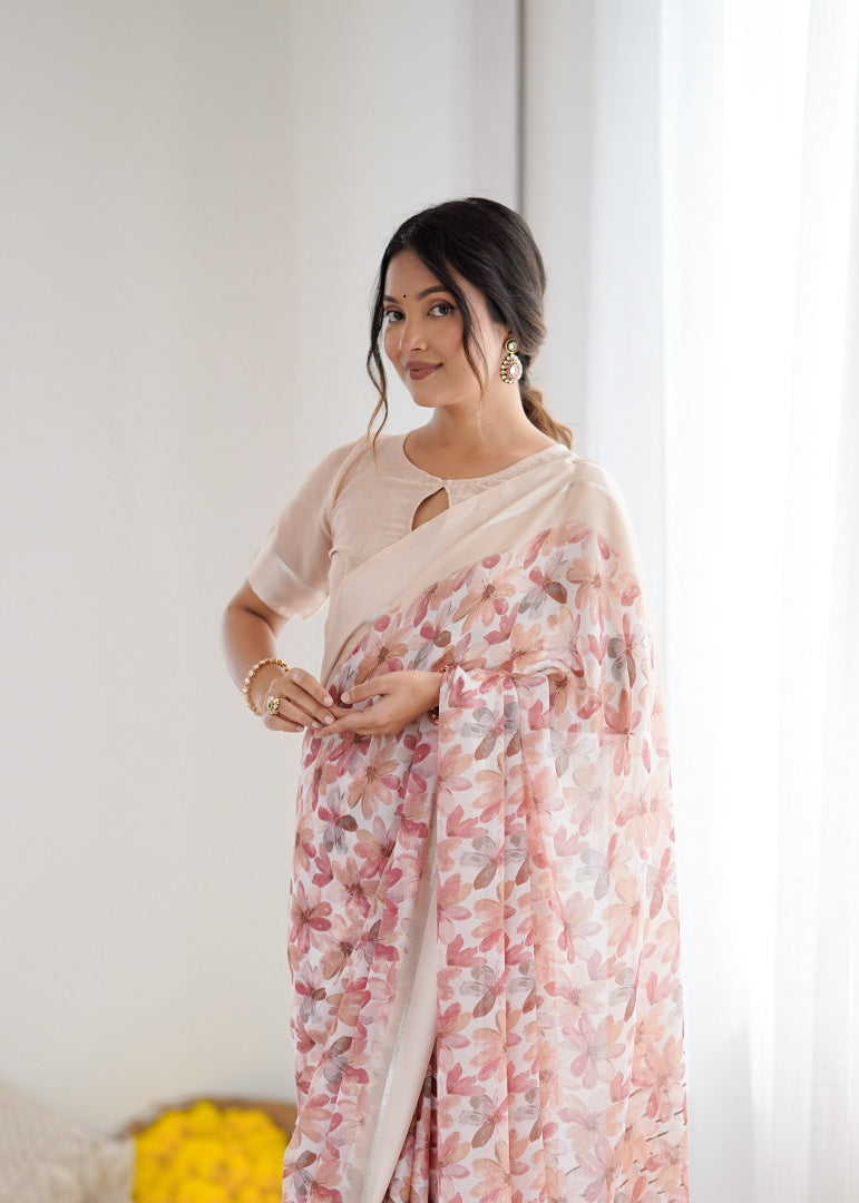 Graceful Peach Bright Moss Satin Patta Printed Saree with Matching Blouse