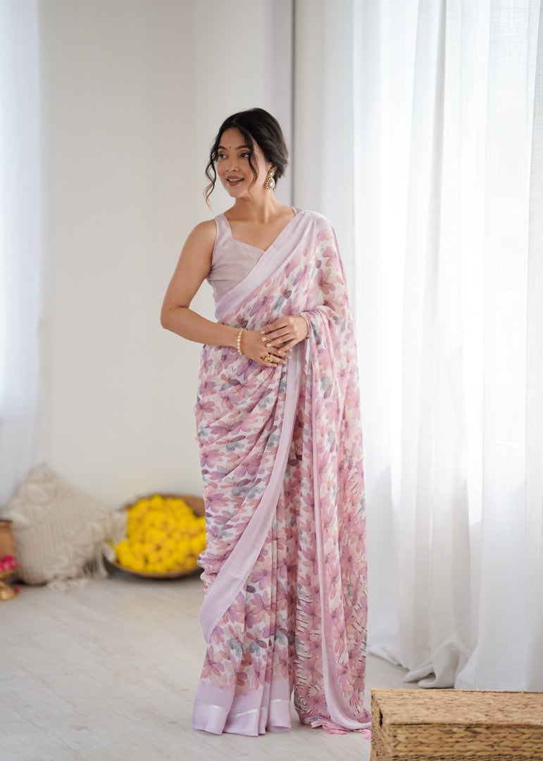 Charming Pink Bright Moss Satin Patta Printed Saree with Matching Blouse