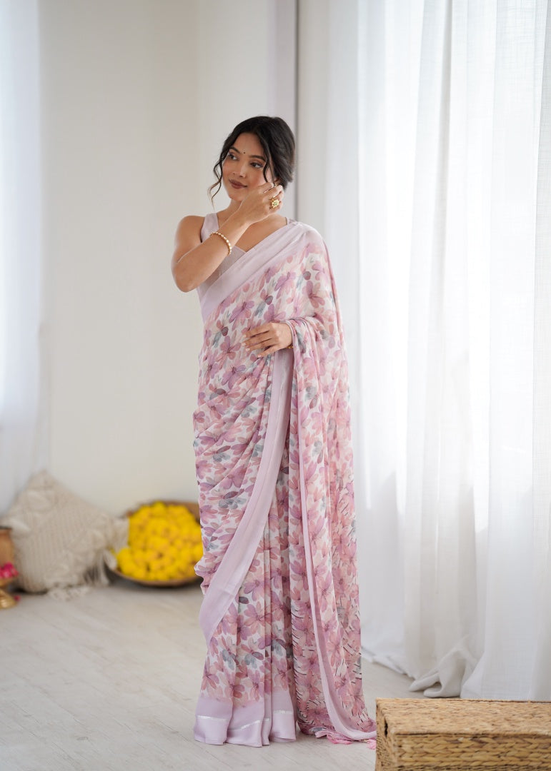 Charming Pink Bright Moss Satin Patta Printed Saree with Matching Blouse