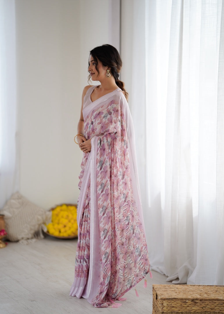 Charming Pink Bright Moss Satin Patta Printed Saree with Matching Blouse