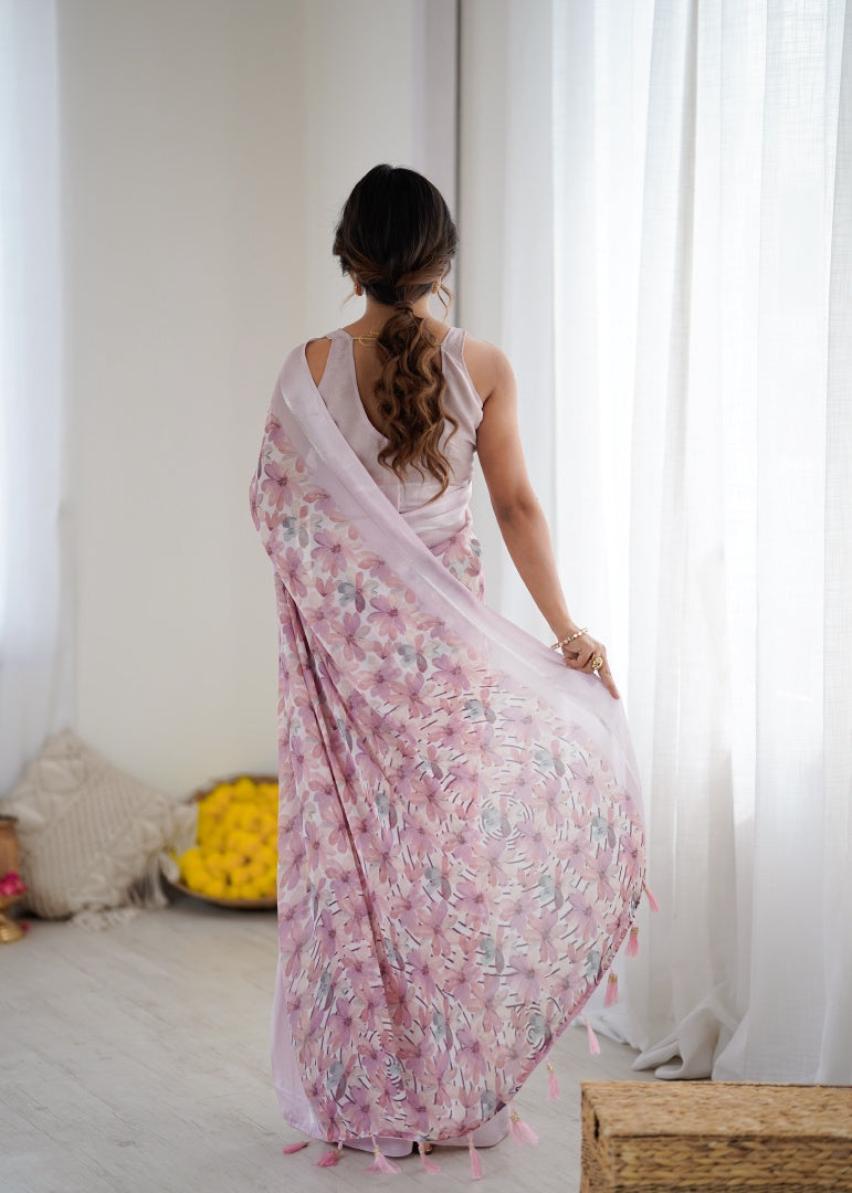 Charming Pink Bright Moss Satin Patta Printed Saree with Matching Blouse