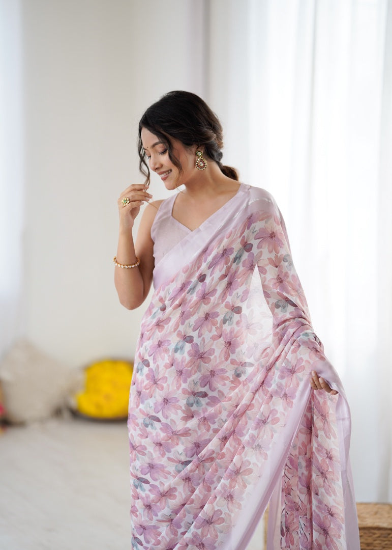 Charming Pink Bright Moss Satin Patta Printed Saree with Matching Blouse