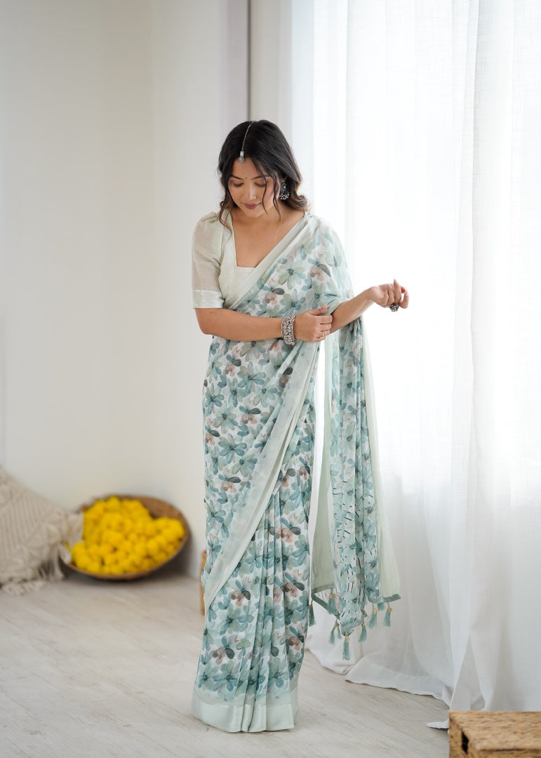 Refreshing Sea Green Bright Moss Satin Patta Printed Saree with Matching Blouse