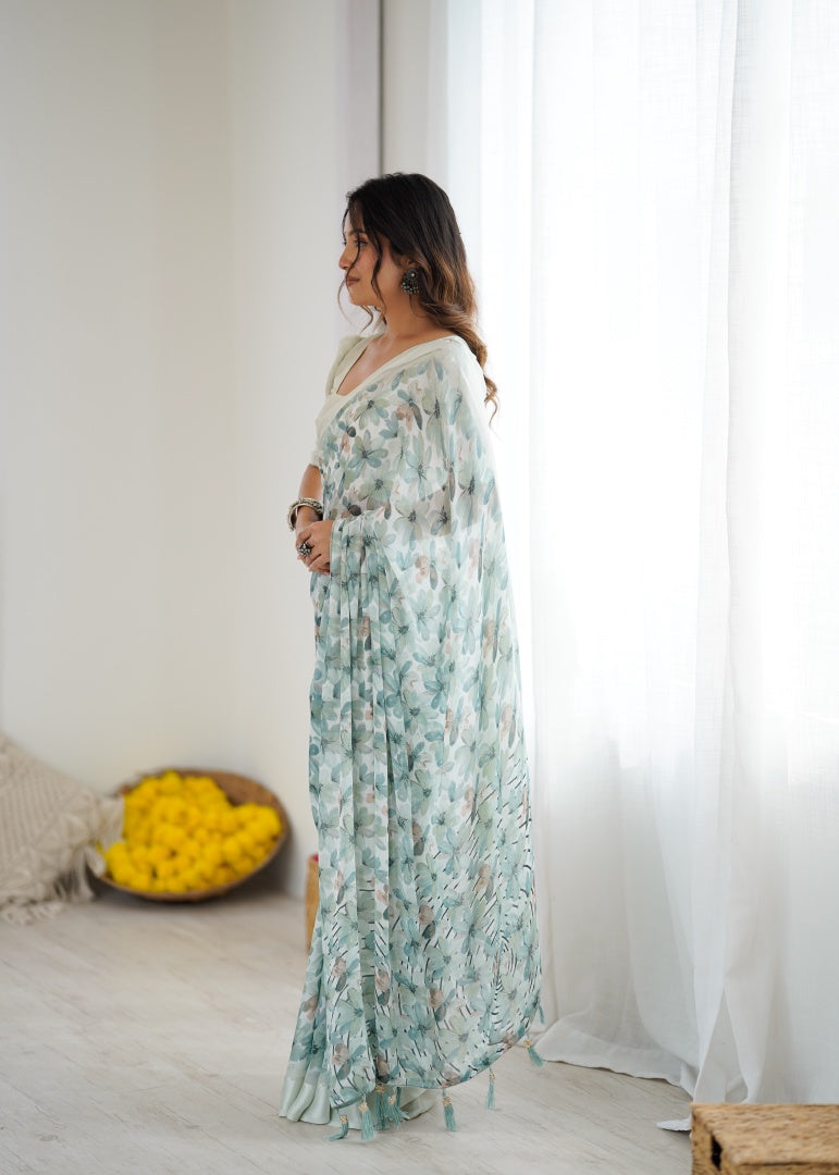 Refreshing Sea Green Bright Moss Satin Patta Printed Saree with Matching Blouse