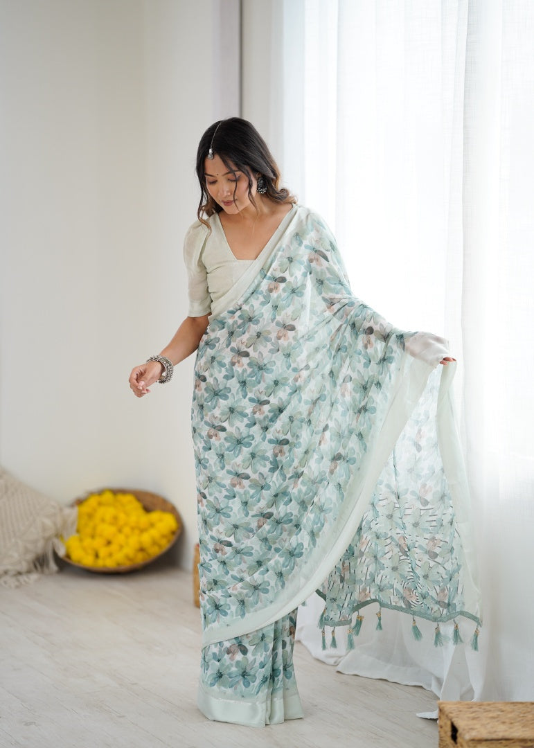 Refreshing Sea Green Bright Moss Satin Patta Printed Saree with Matching Blouse