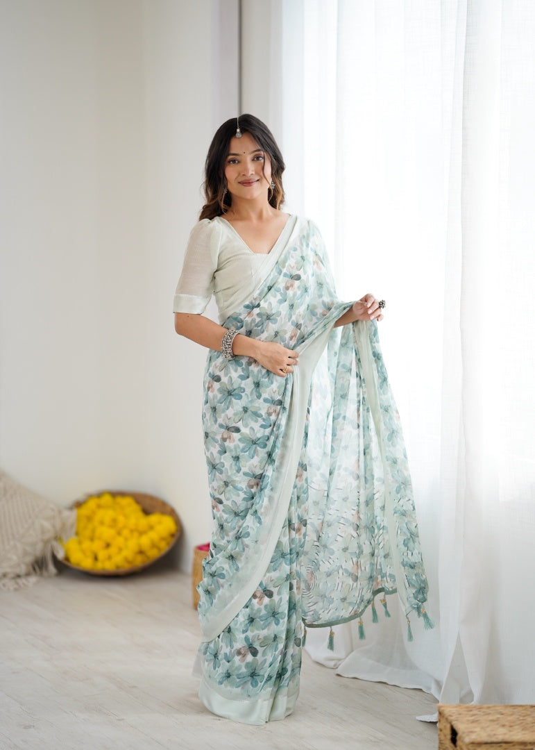 Refreshing Sea Green Bright Moss Satin Patta Printed Saree with Matching Blouse