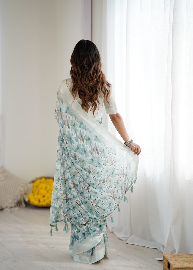 Refreshing Sea Green Bright Moss Satin Patta Printed Saree with Matching Blouse