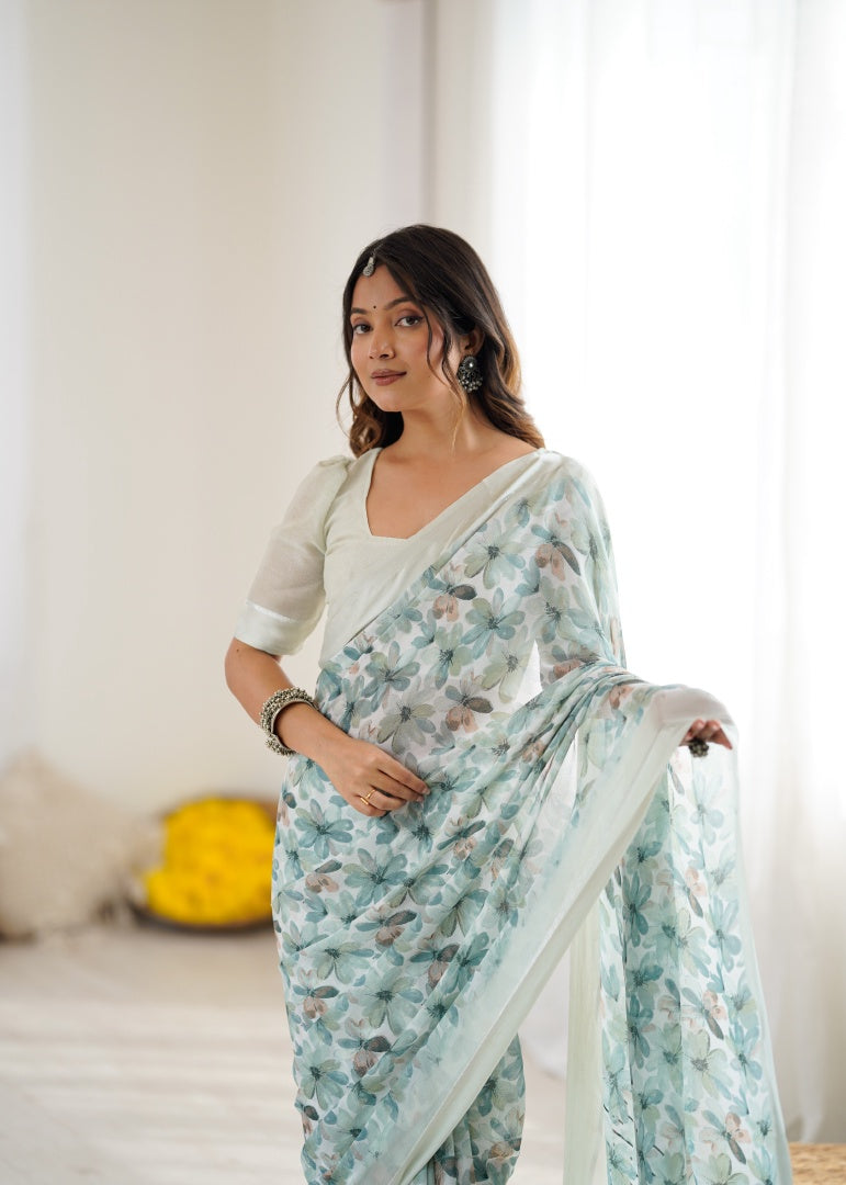 Refreshing Sea Green Bright Moss Satin Patta Printed Saree with Matching Blouse