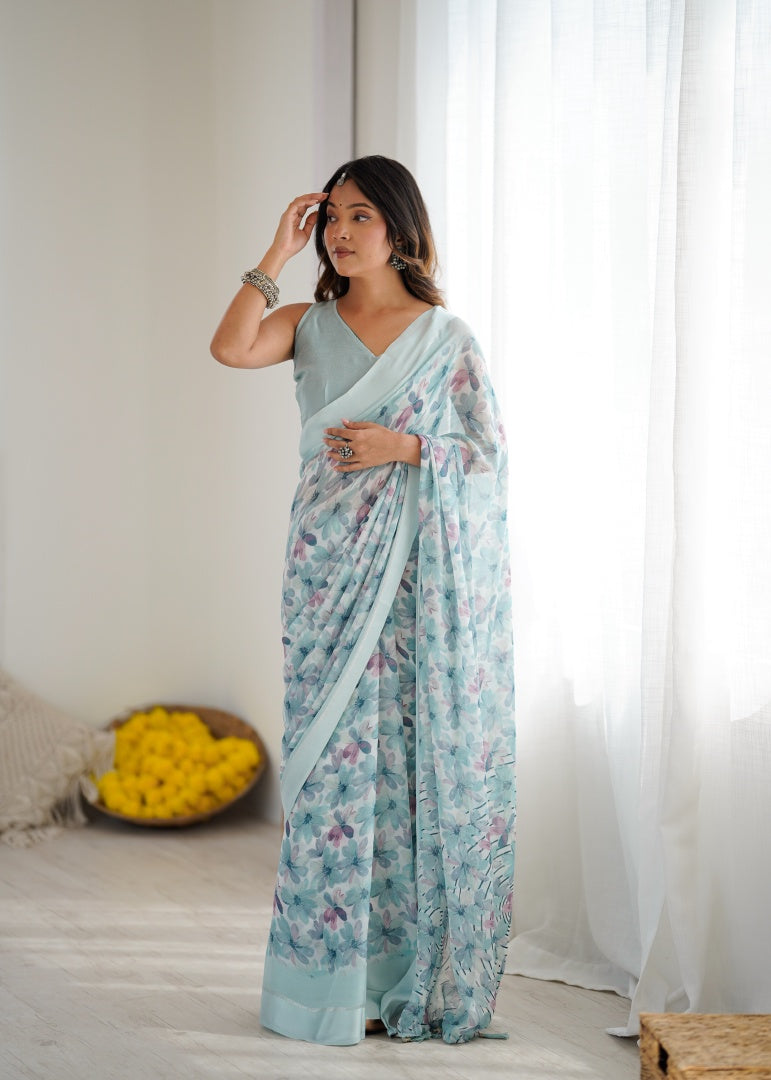 Elegant Sky Blue Bright Moss Satin Patta Printed Saree with Matching Blouse