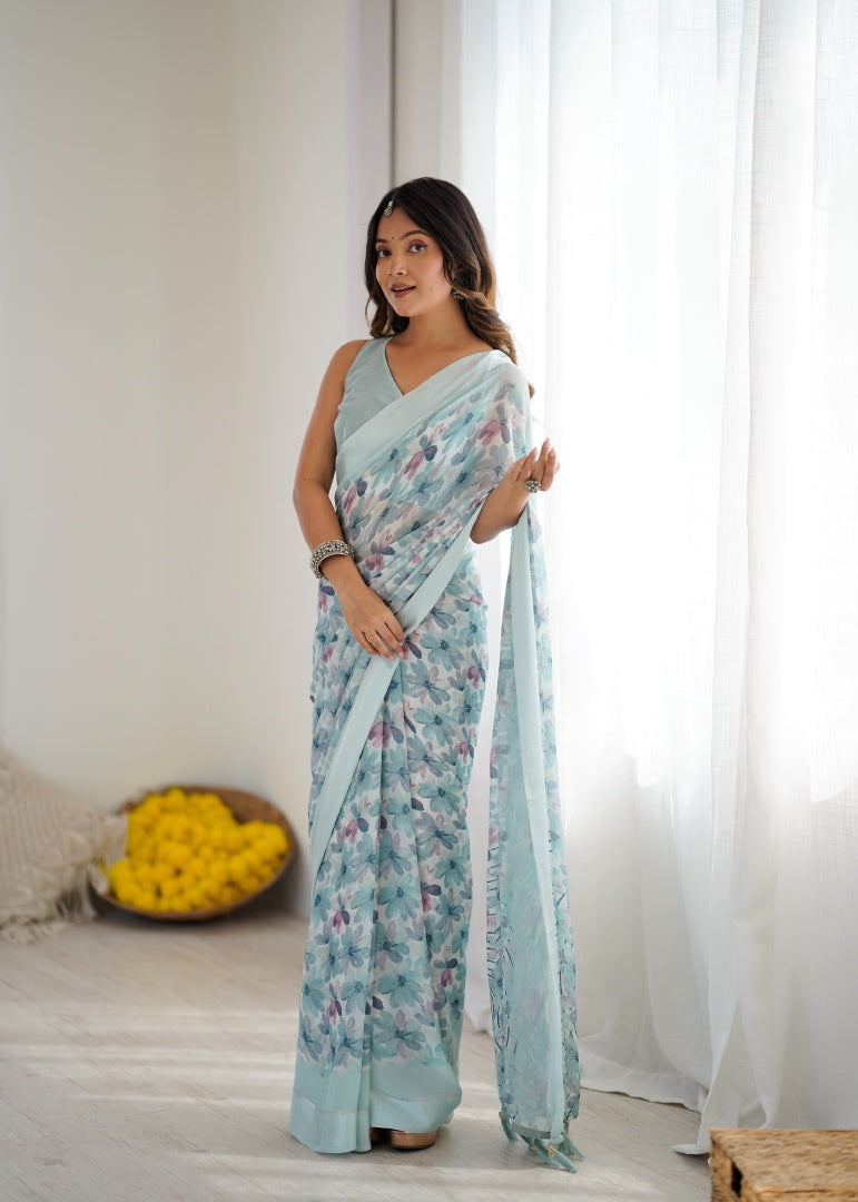Elegant Sky Blue Bright Moss Satin Patta Printed Saree with Matching Blouse