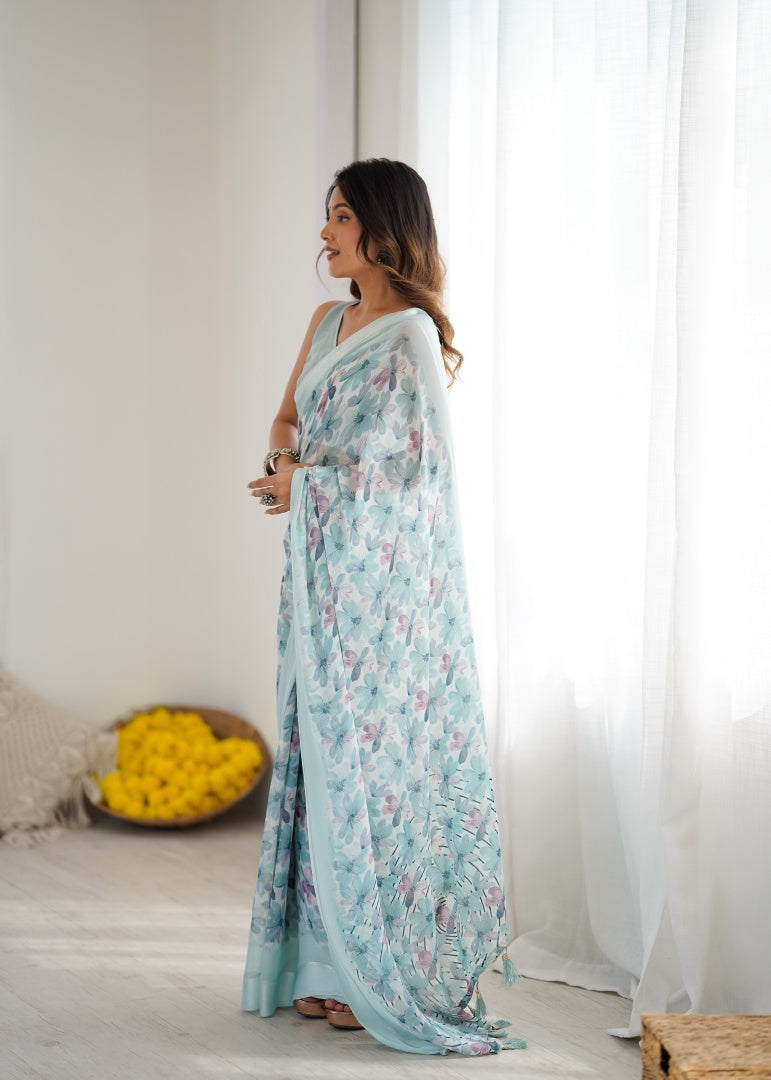 Elegant Sky Blue Bright Moss Satin Patta Printed Saree with Matching Blouse