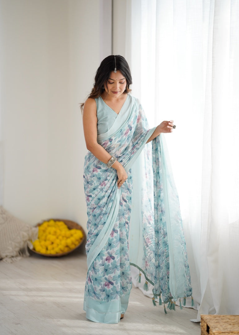 Elegant Sky Blue Bright Moss Satin Patta Printed Saree with Matching Blouse