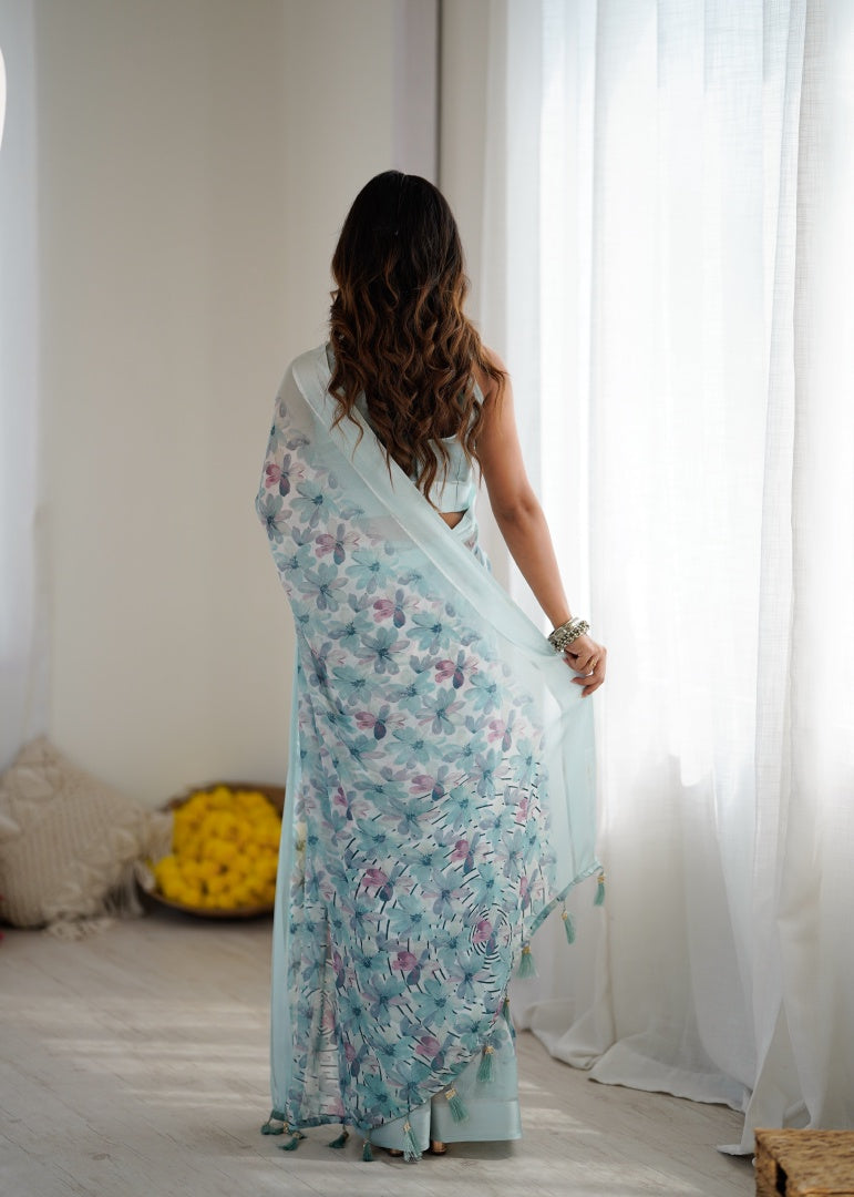 Elegant Sky Blue Bright Moss Satin Patta Printed Saree with Matching Blouse