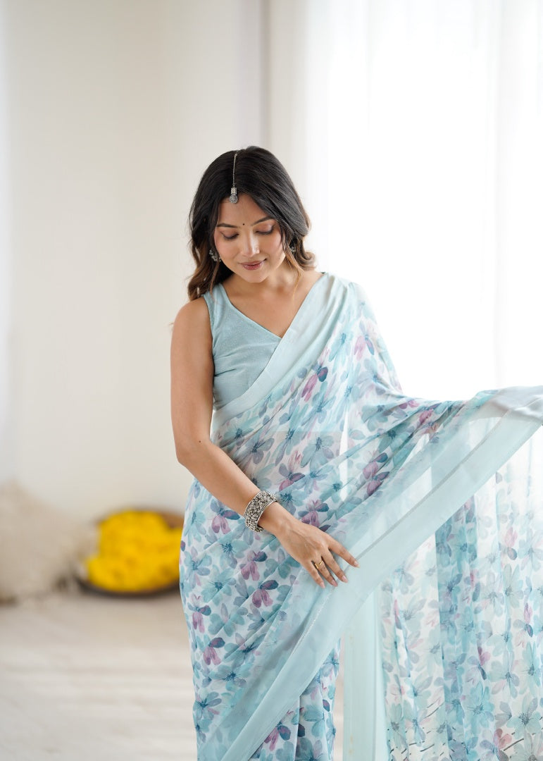 Elegant Sky Blue Bright Moss Satin Patta Printed Saree with Matching Blouse
