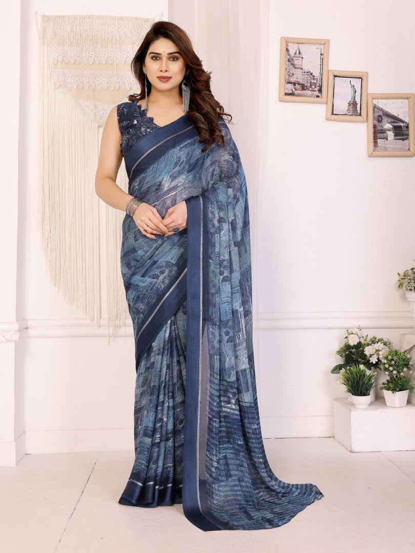 Dark Blue Printed Bright Moss Satin Patta Saree for Women with Blouse