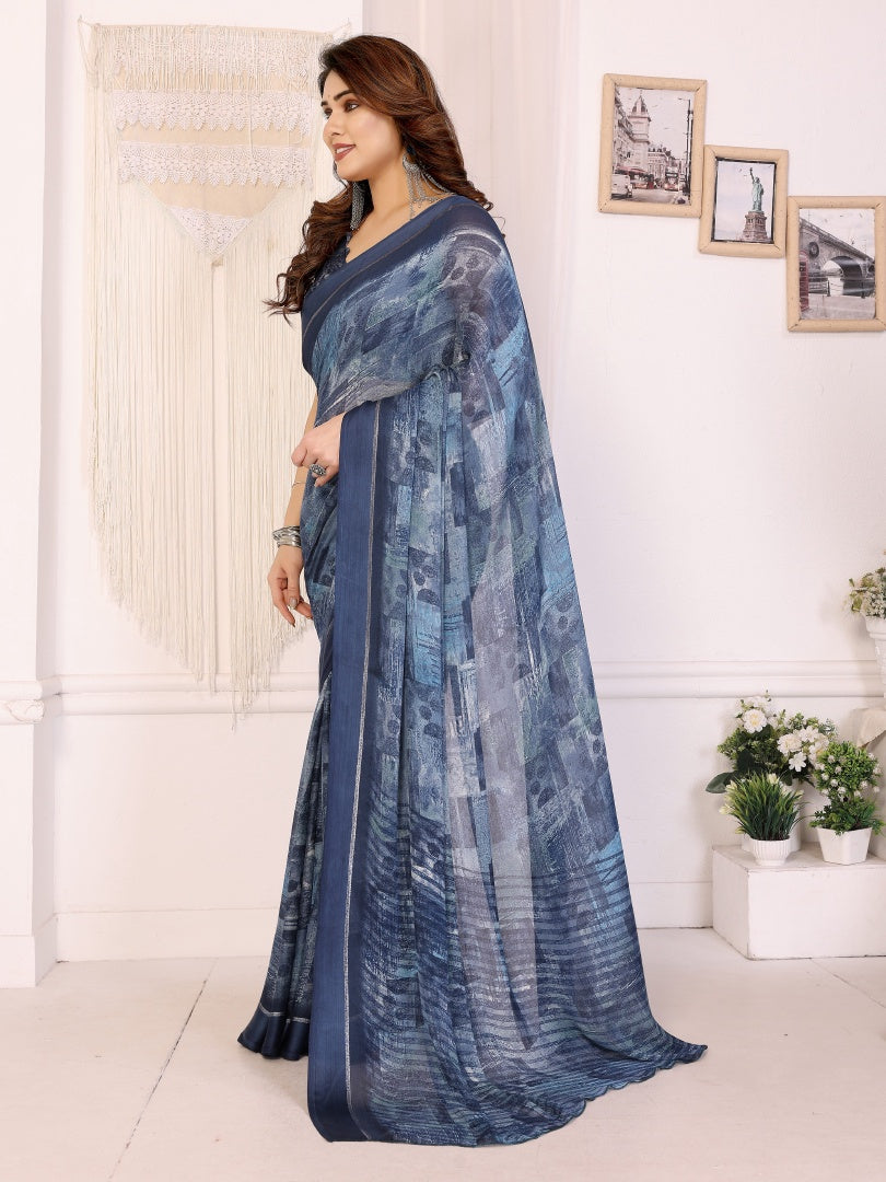 Dark Blue Printed Bright Moss Satin Patta Saree for Women with Blouse