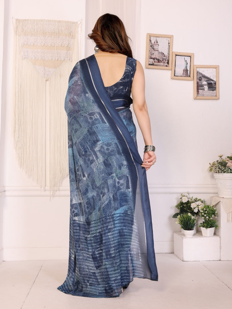 Dark Blue Printed Bright Moss Satin Patta Saree for Women with Blouse