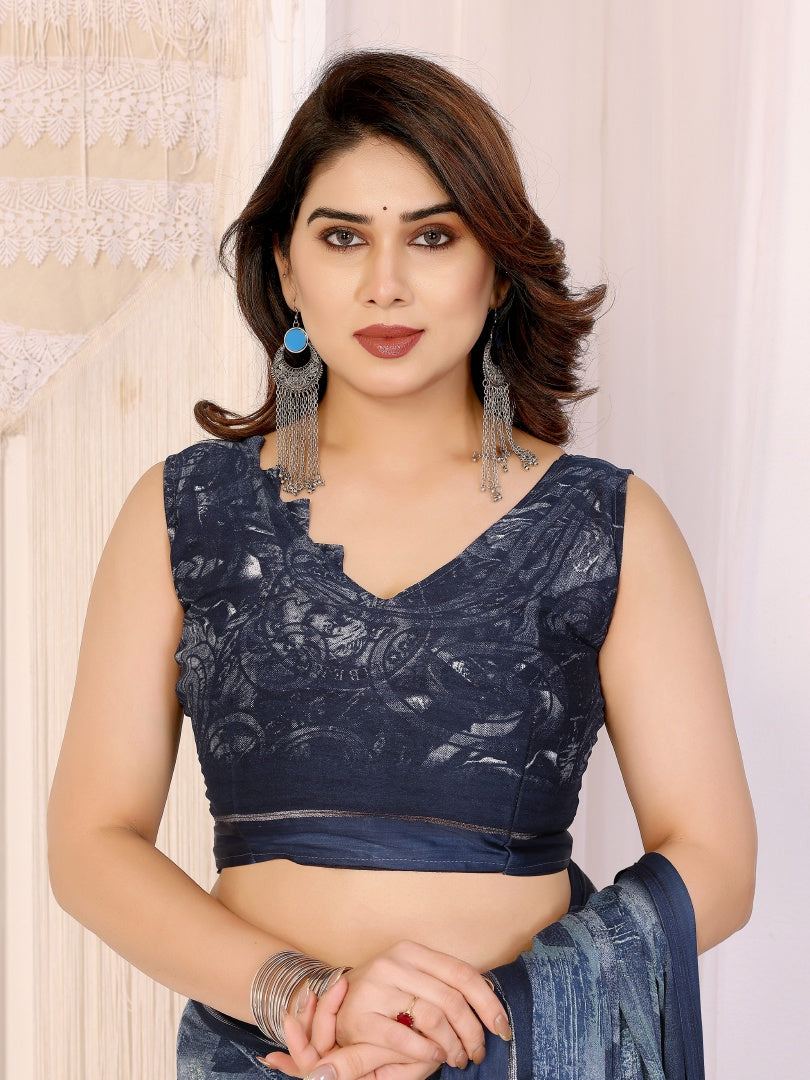 Dark Blue Printed Bright Moss Satin Patta Saree for Women with Blouse