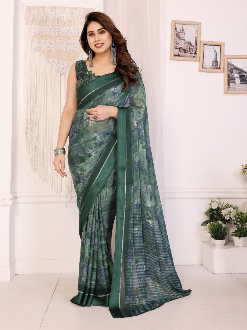 Green Printed Bright Moss Satin Patta Saree for Women with Blouse