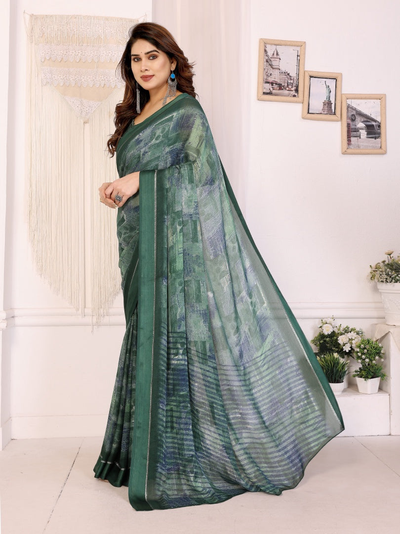 Green Printed Bright Moss Satin Patta Saree for Women with Blouse