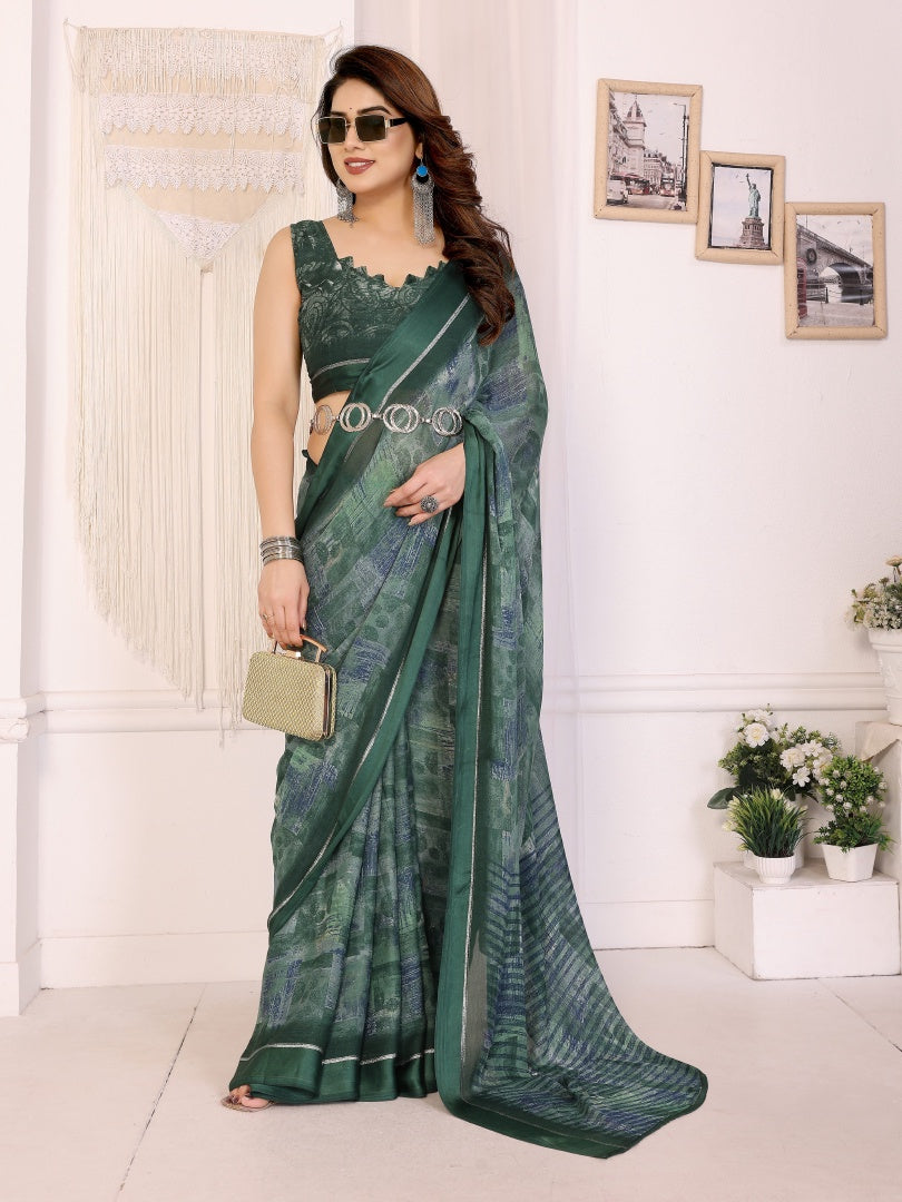 Green Printed Bright Moss Satin Patta Saree for Women with Blouse