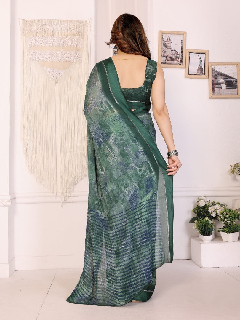 Green Printed Bright Moss Satin Patta Saree for Women with Blouse