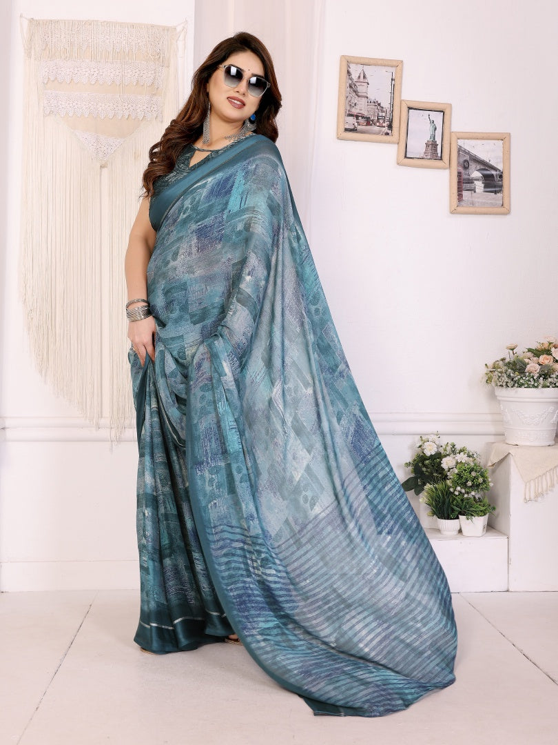 Morpich Printed Bright Moss Satin Patta Saree for Women with Blouse