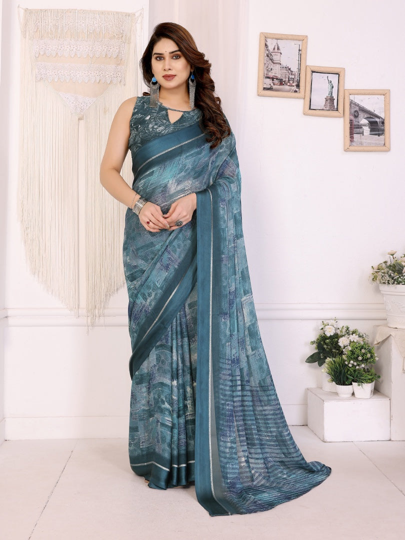 Morpich Printed Bright Moss Satin Patta Saree for Women with Blouse