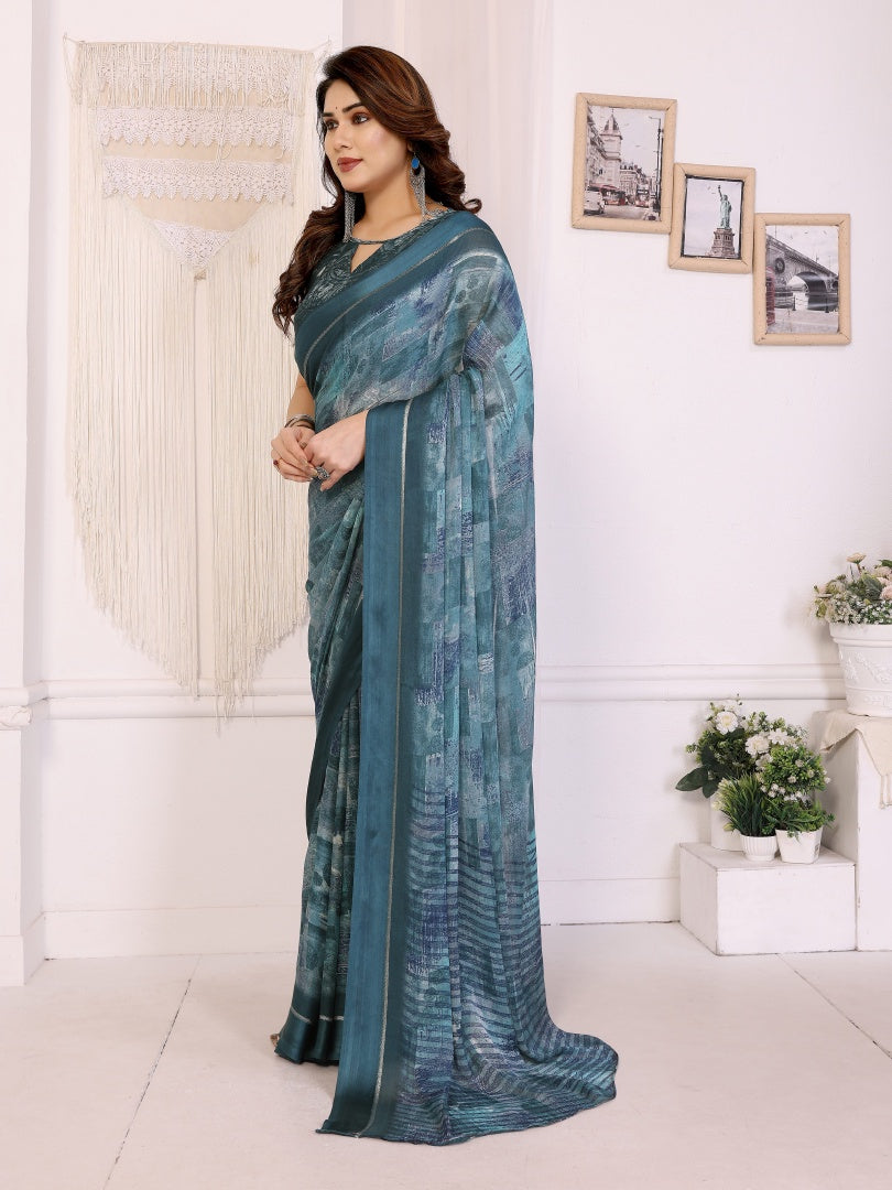 Morpich Printed Bright Moss Satin Patta Saree for Women with Blouse