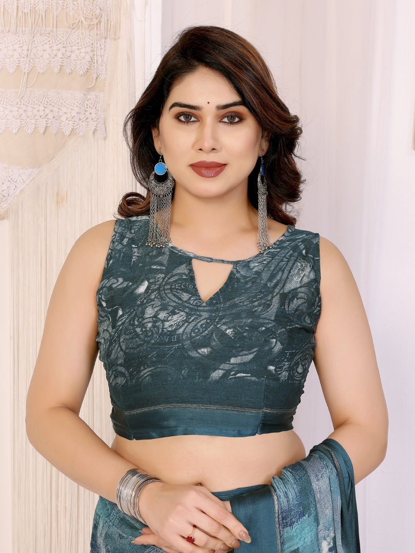 Morpich Printed Bright Moss Satin Patta Saree for Women with Blouse