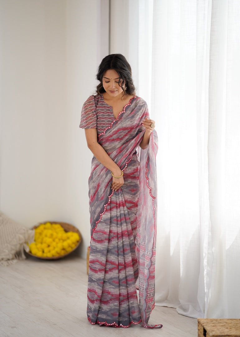 Elegant Grey Digital Printed Georgette Saree with Mirror Work & Matching Blouse