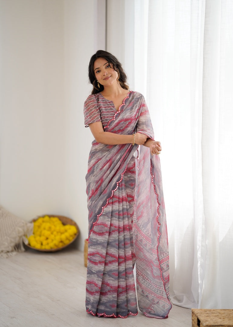 Elegant Grey Digital Printed Georgette Saree with Mirror Work & Matching Blouse