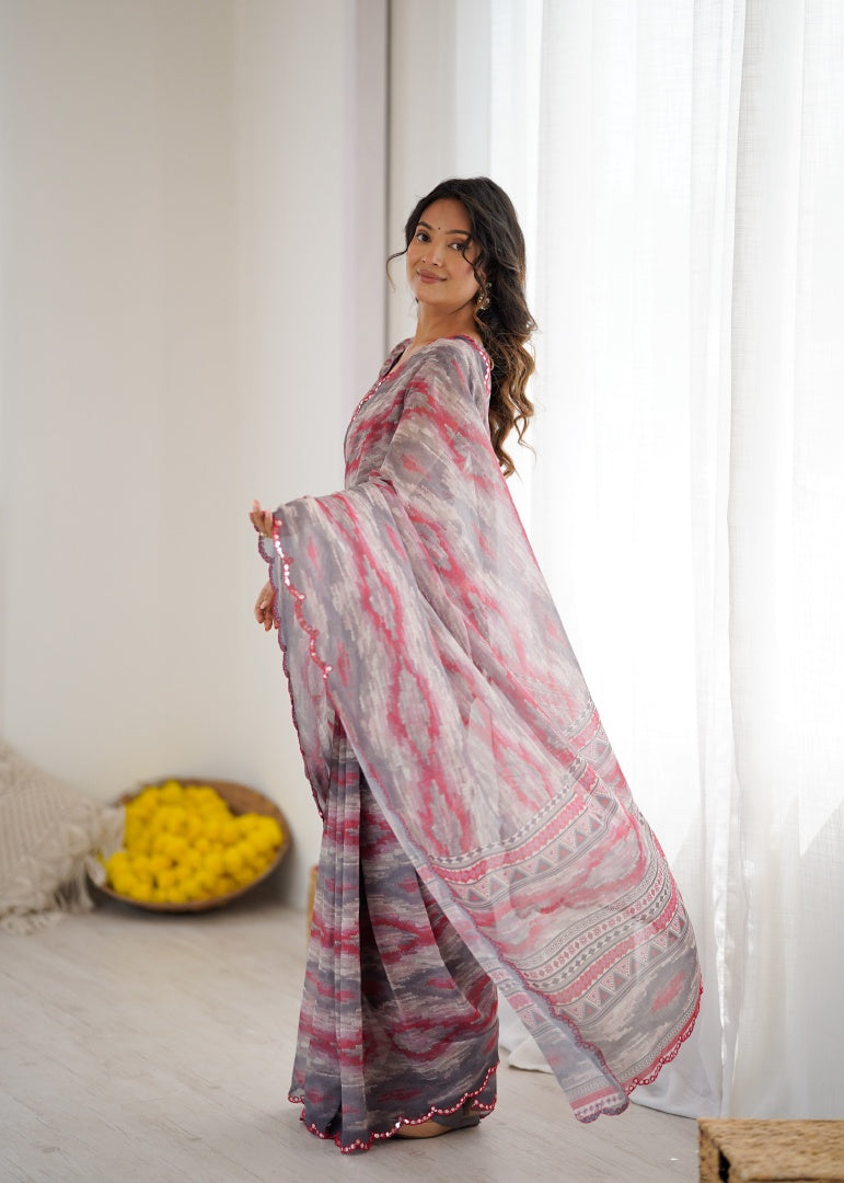 Elegant Grey Digital Printed Georgette Saree with Mirror Work & Matching Blouse