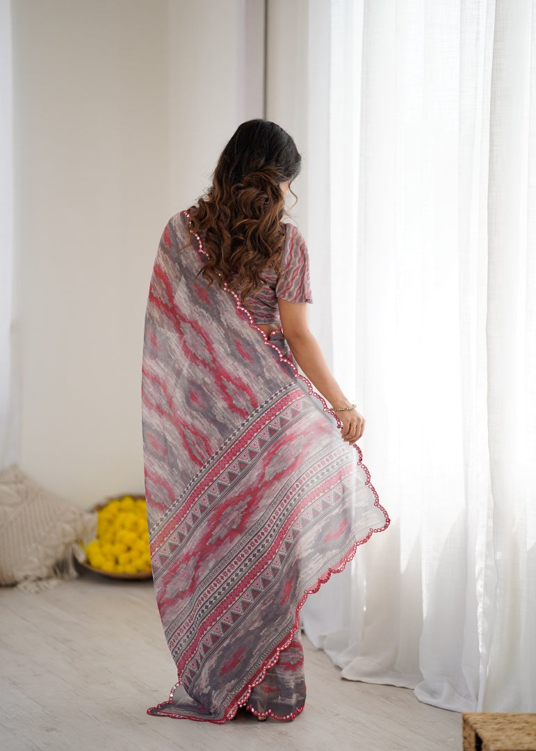 Elegant Grey Digital Printed Georgette Saree with Mirror Work & Matching Blouse
