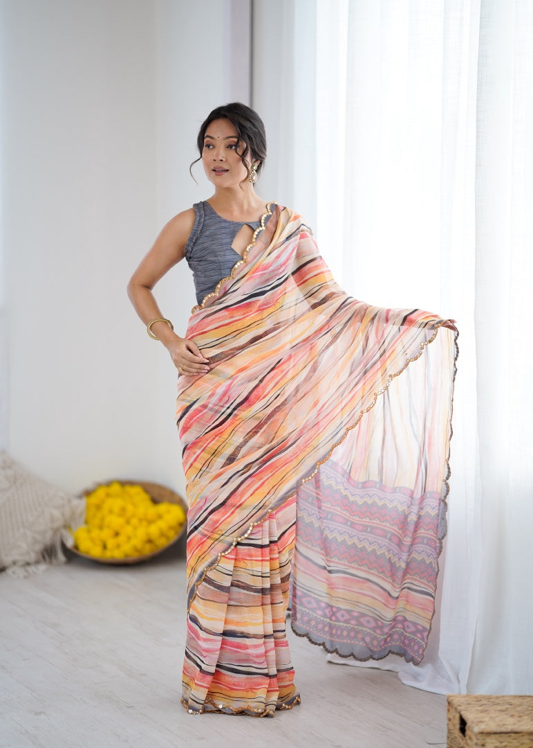 Vibrant Orange Line Digital Printed Georgette Saree with Mirror Work & Georgette Blouse